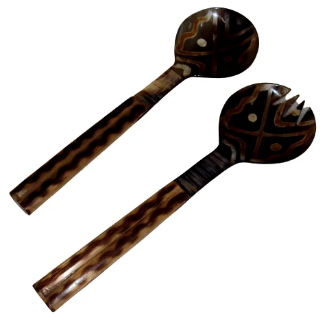 Natural Horn Salad Server With Mother of Pearl Handle 100% Natural Salad Server Set Solid Buffalo horn Fork and Spoon For Fruits