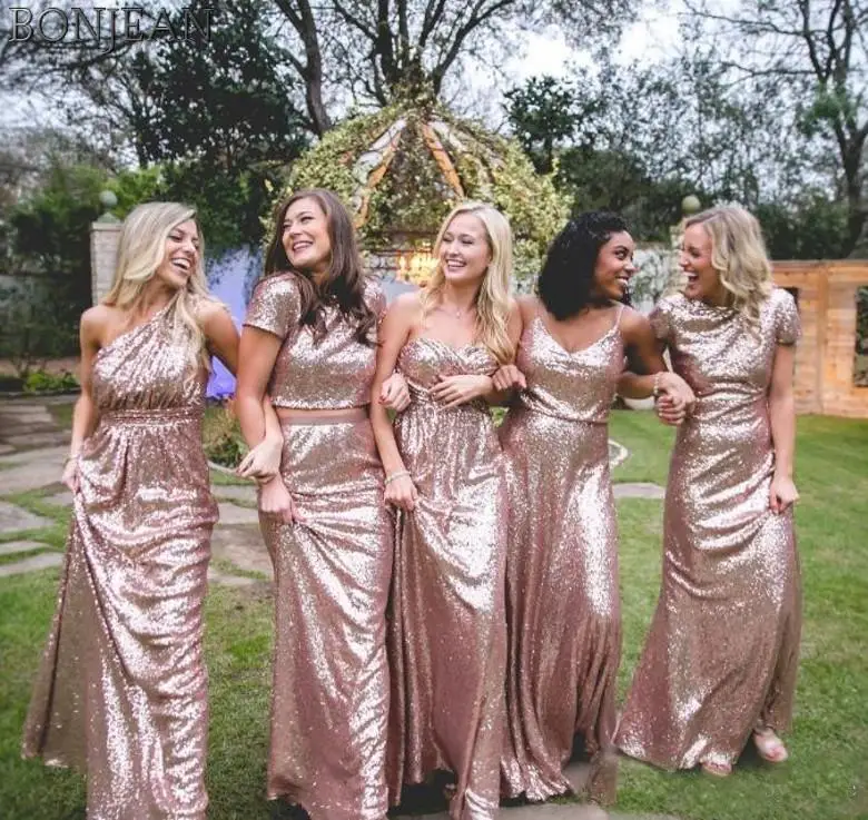 Morili Rose Gold Sequins Bridesmaid Dress Long Junior Wedding Guest Dress For Wedding Party Brides Maid Dresses  MBLB516