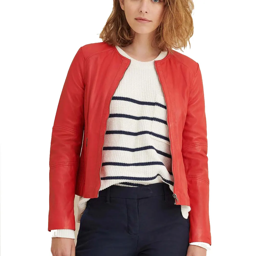 2021 New Arrival Ladies Cowhide genuine leather jackets Women Red Belted Plus Size Cropped Long Sleeve Leather Bomber Jacket