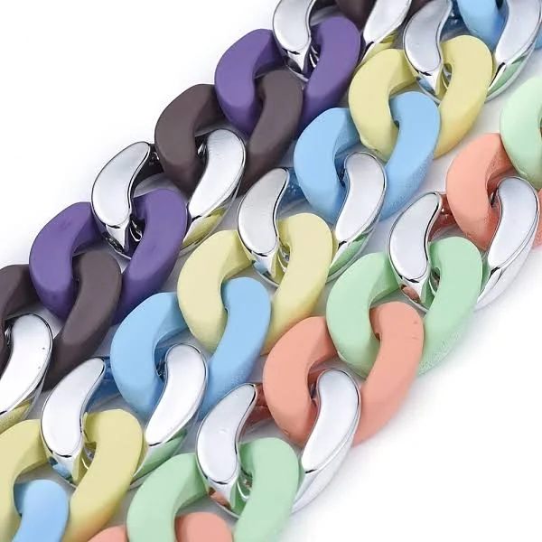 three Tone Handmade Curb Chain Sets, Cuban Link Chains, with Opaque Spray Painted Acrylic Linking Rings For Clothing and Glasses