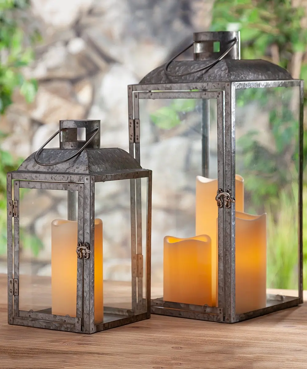 Metal Lantern, Rope Handle (Galvanized, Sitting, Hanging, Use with Candle)