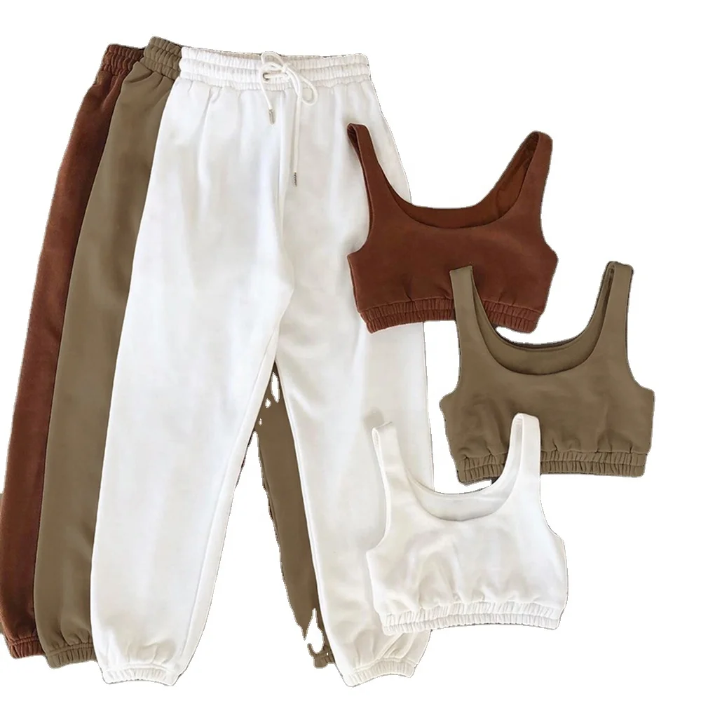 High Quality Winter Crop Top Jogger Set 100% Cotton Slim Fit Women Blue Sweat suit with custom logo