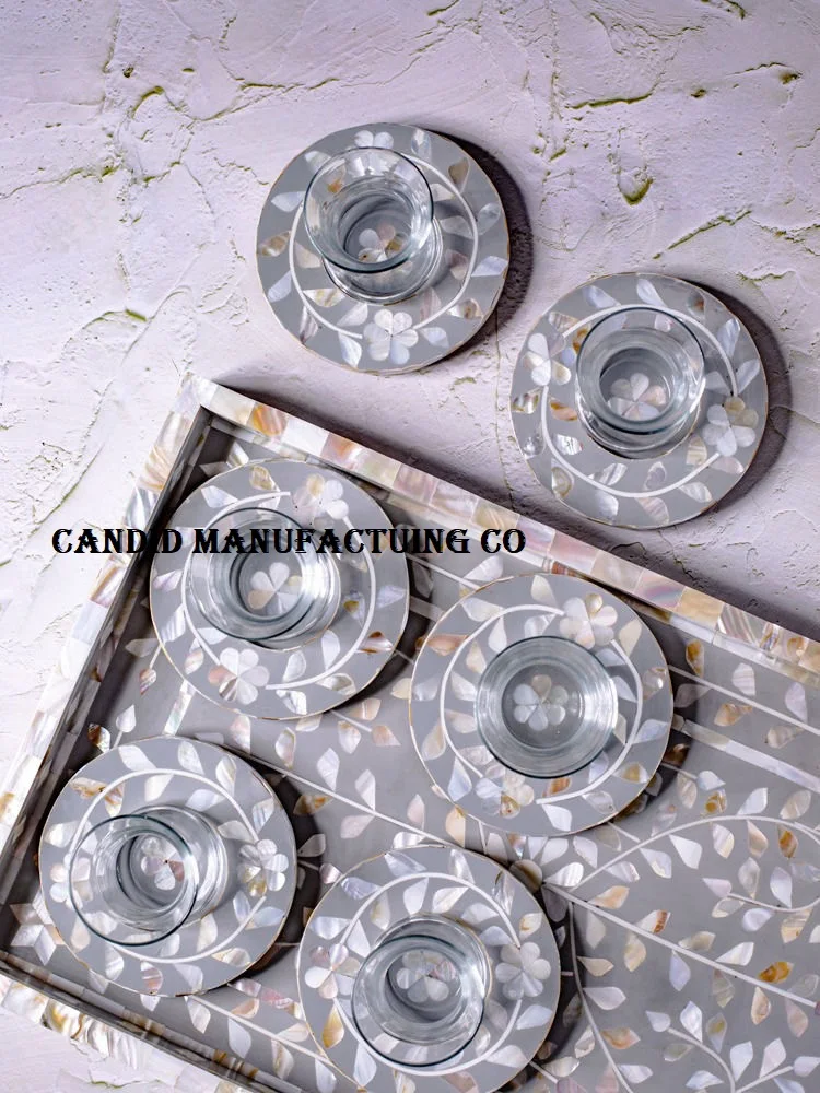 Direct Factory Mother of Pearl Tray with Platter or Coasters Plates Arabic Bone Inlay Wood inlay Pearl Inlaid Serving Tray