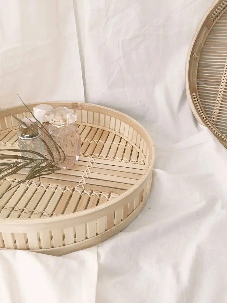 Round Natural Bamboo Tray With Handle, Straw serving tray, Woven Tray with Handle Wholesale