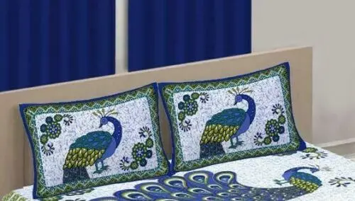 Attractive Peacock Printed Cotton Double Bed Sheet with 2 Pillow Covers High Classical Finishing Handmade Bed Sheet