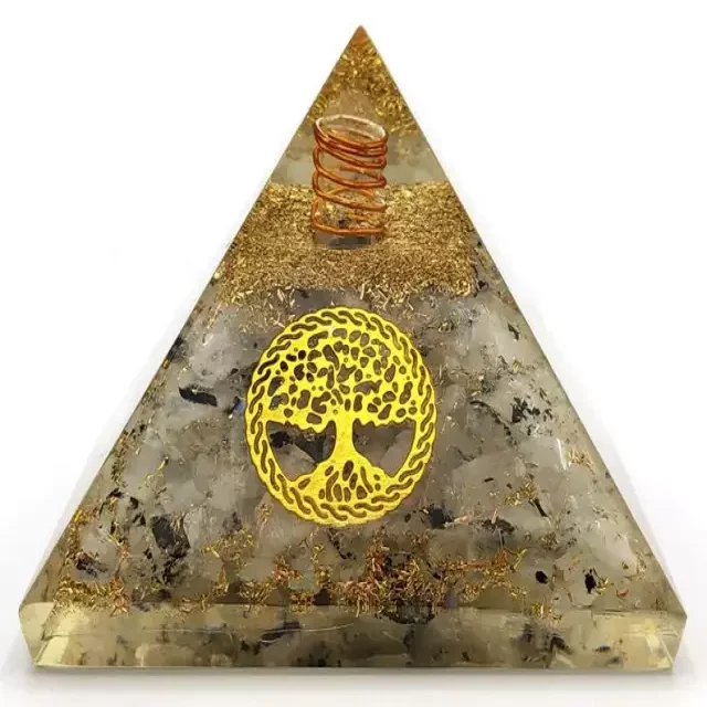 high falshy crystals rainbow moonstone chips with metal tree of life symbol orgonite orgone energy pyramid for meditation