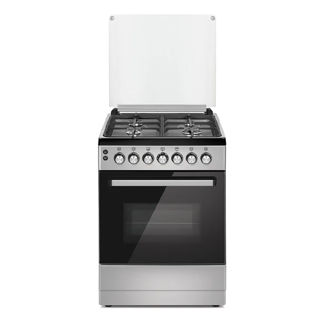 60x60 Elitline Black Enameled Top Table Silver Body Cast Iron Grids Black Glass Door Glass Cover Free Standing Oven