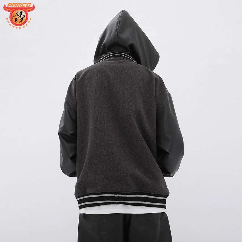 Men Hooded Baseball Jackets Detachable Hat Woolen Leather Patchwork Letter Patch Bomber Jacket Coat Casual Fashion Outwear