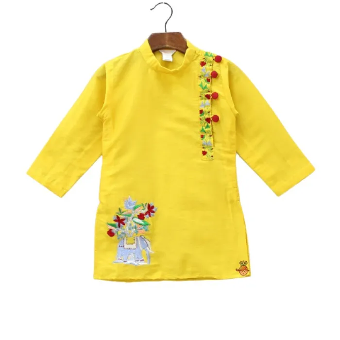 Attractive And Handcrafted Beautiful Designer Embroidery At Front Bottom For Kids Yellow Kurta With Red Dhoti Pure