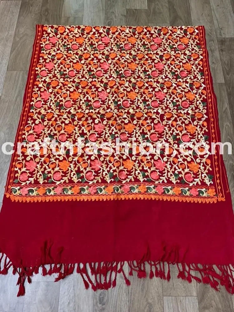 Pure Woolen Kashmiri Stole - Kashmiri Handwork Dupatta - Multicolored Scarf/Shawl/Neck Wrap - Floral Design Embroidered Stole