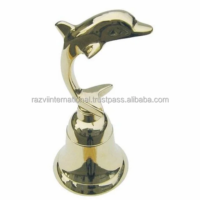 Metal brass shiny polished hand held bell wooden handle