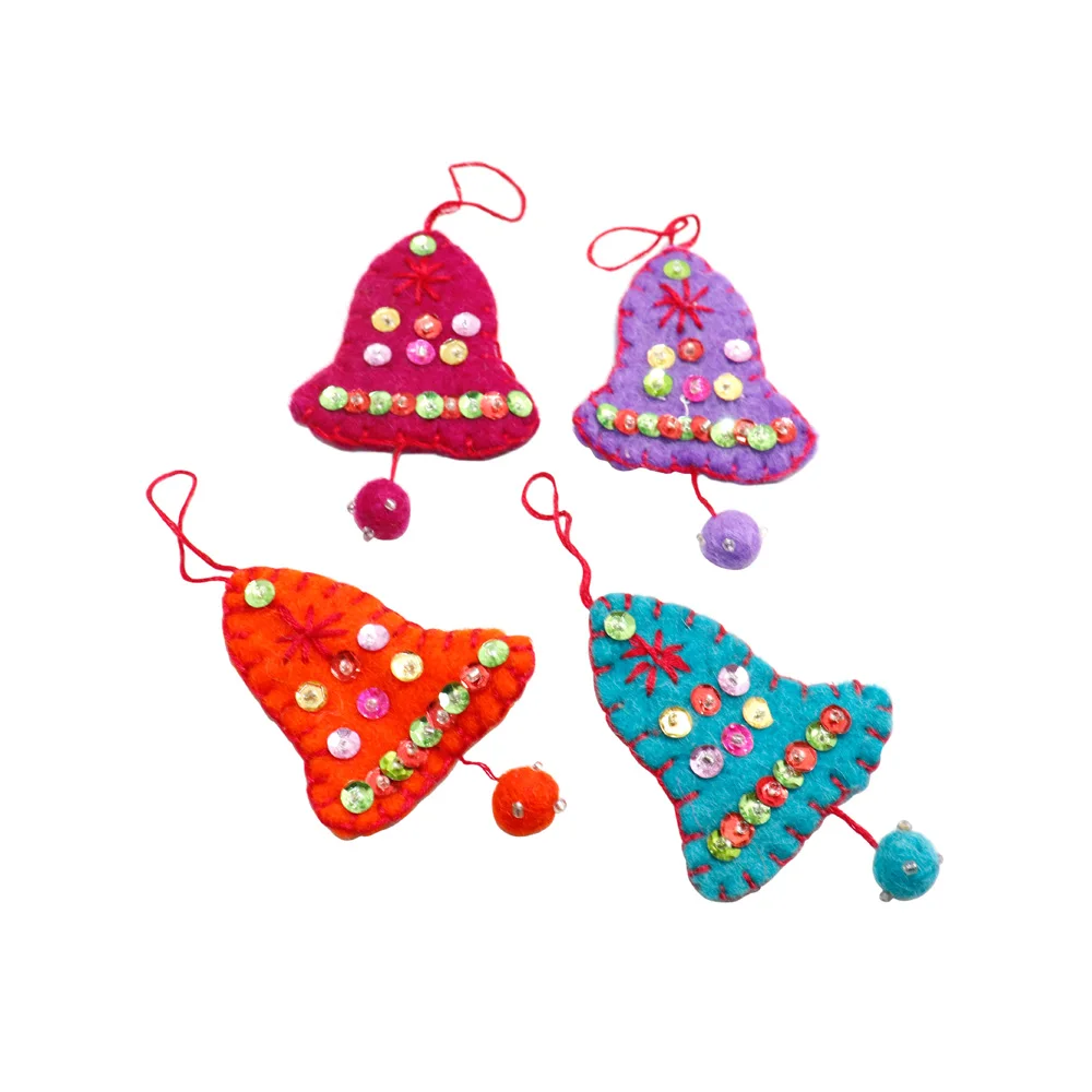 Set of 4 Handmade Felt Embroidered Mini Bell Ornament for Christmas Tree