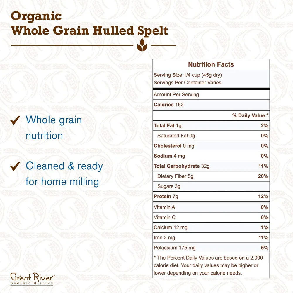 
Great River Organic Milling Organic Whole Grain, Hulled Spelt, 25lb bag 