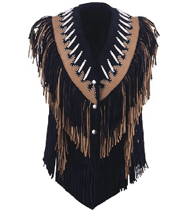Black Bone Genuine Leather Waistcoat with Vintage Fringes Beads Lace Decorations Outer Style Vest Woven Canvas Button Fabric
