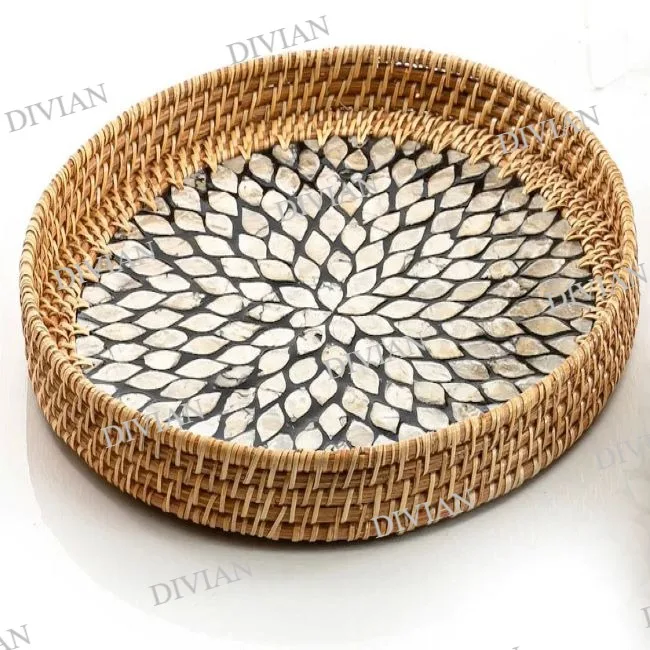 Modern Serving Rattan Platters Tea Coffee Tray Dry Fruit Wood & Mother Of Pearl Dinner Party Plate For Home Decor Rattan Tray