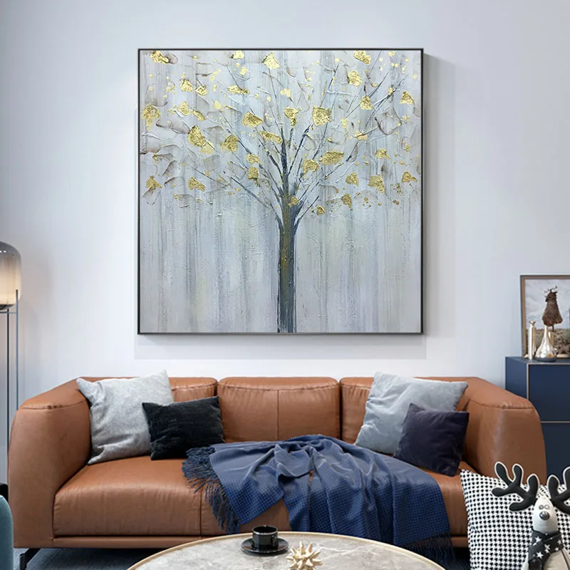 Чистая Ручная роспись Абстрактная Золотая Листья картина маслом Современная Минималистичная декоративная живопись 20*20 дюймов