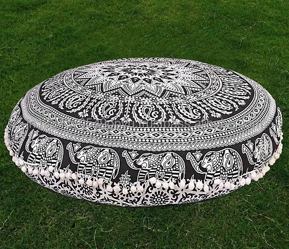 Eye Catching Indian Hippie Traditional Round Elephant Print Floor Pillow Cover Contemporary Decor Pouf Case Mandala Cushion Case