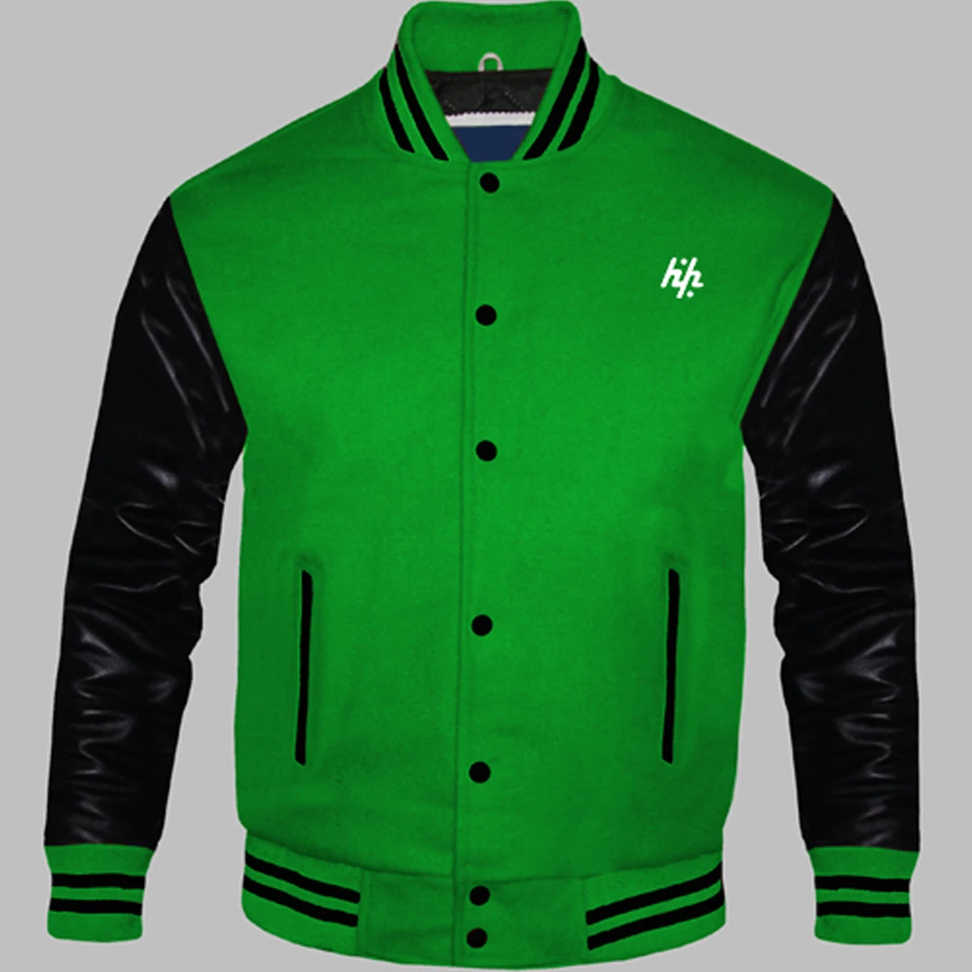Huzaifa Products Custom Top Grain Black Varsity Jacket for Men Winter Season with Wool New Kelly Green Genuine Leather Sleeves