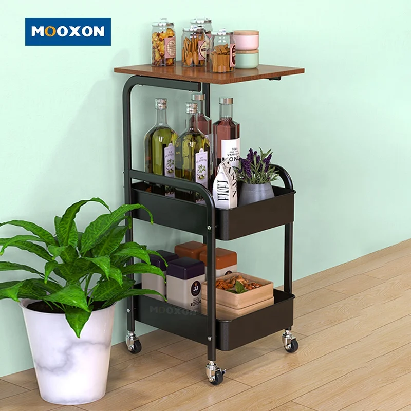 3 Layer Multifunction Steel Mesh Wire Basket Shelving Wood Board Utility Carts Organizer Storage Trolley Kitchen Rolling Cart