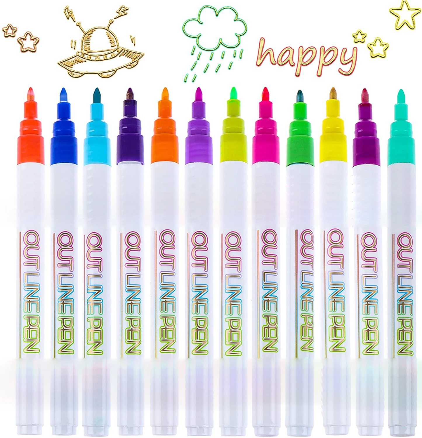 Лидер продаж, двухстрочная контурная ручка, 12 цветов, Подарочная карточка, ручки для рисования, двухстрочная цветная ручка