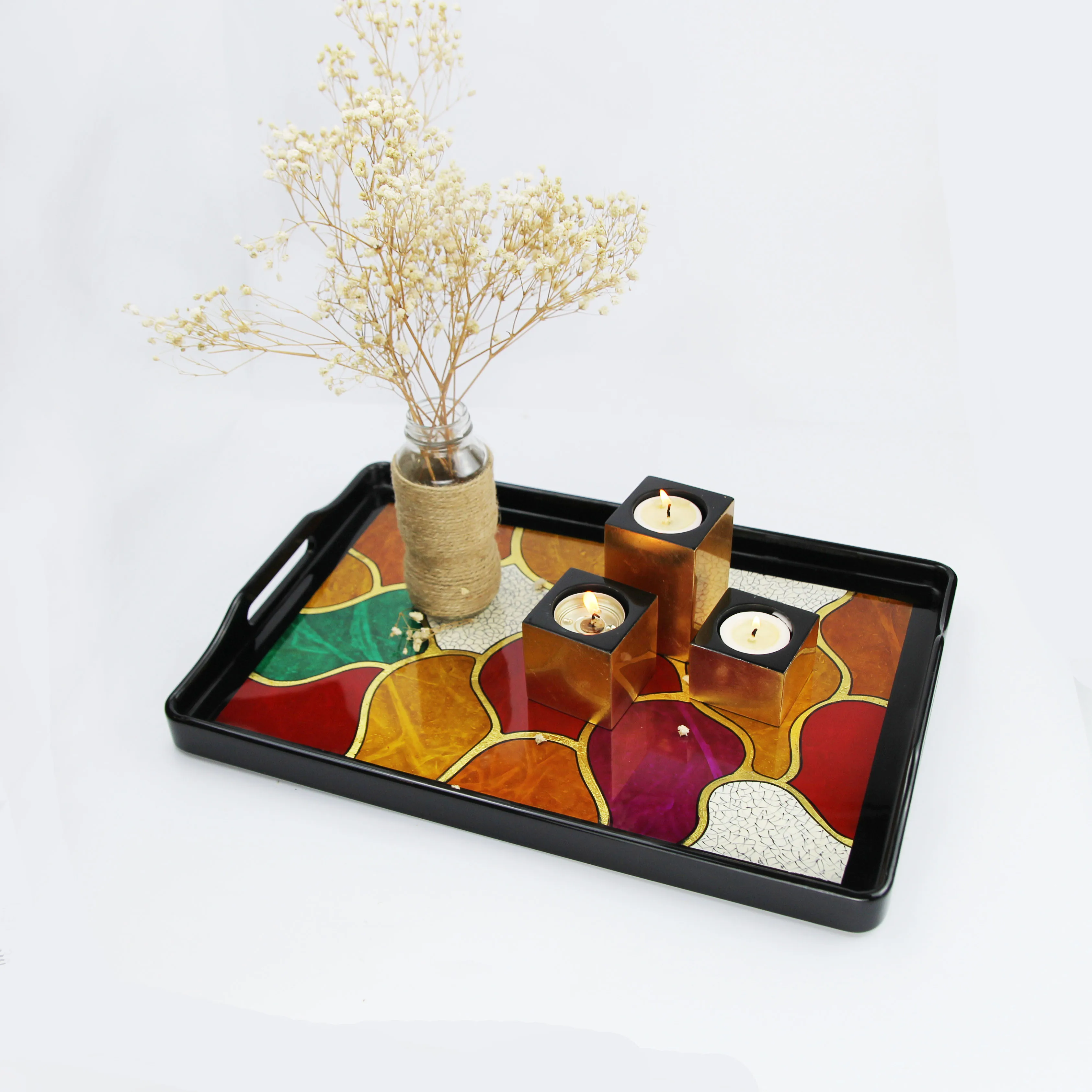 
Viet Nam Hot Sale In Bulk Handmade Premium Quality Rock Design Painted Gold Leaf Home Decoration Wooden Lacquer Serving Tray 