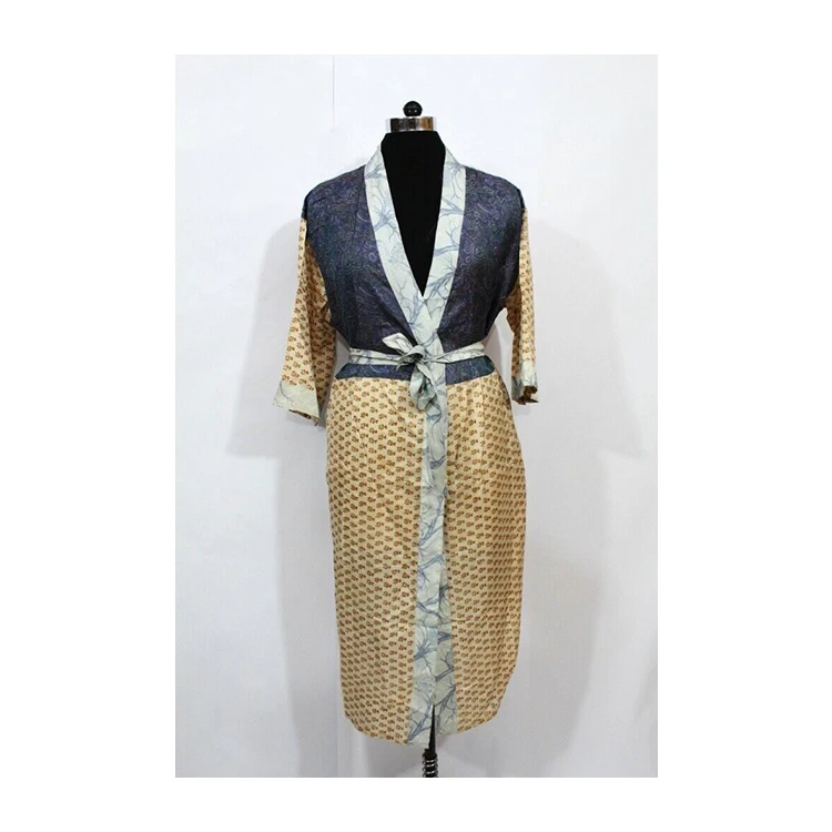 Top Quality Silk Sari Printed Kimono Robe with Double Pockets and Belt Design Long Cover Up Kimono Robe for Women and Girls