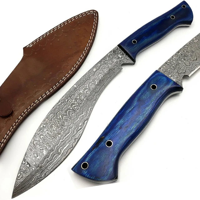 
DAMASCUS STEEL TWISTED PATTERN HUNTING BOWIE KNIFE WITH PAKKA WOOD HANDLE AND LEATHER SHEATH 