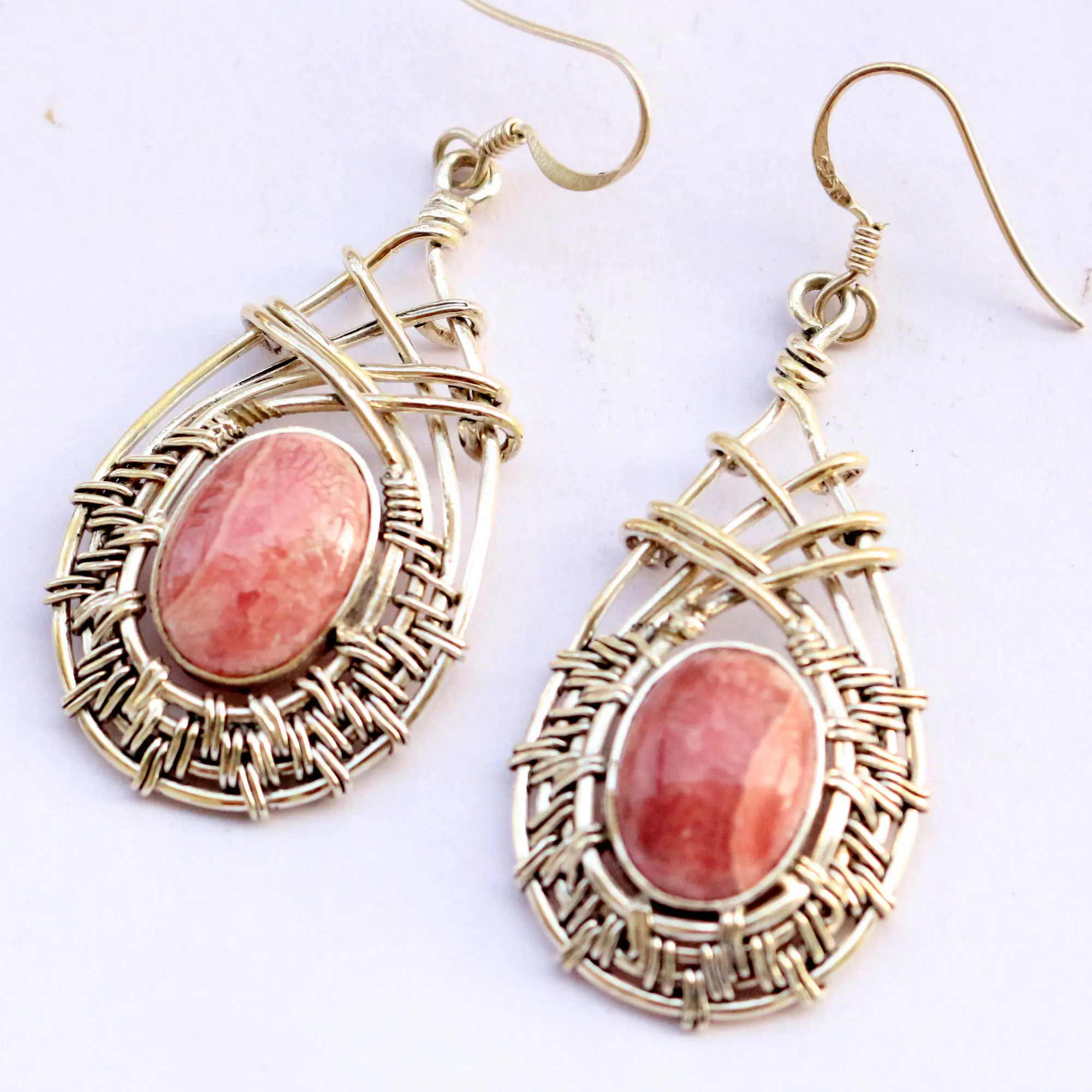 Unique Design Pink Jasper Silver Wire Handmade Gemstone 925 Sterling Silver Earring Wholesale Factory Price