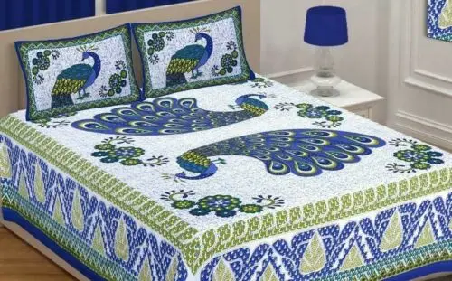 Attractive Peacock Printed Cotton Double Bed Sheet with 2 Pillow Covers High Classical Finishing Handmade Bed Sheet
