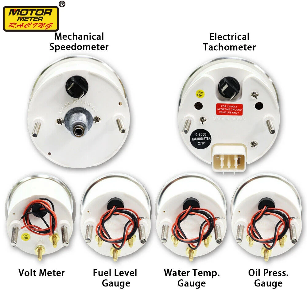 52mm White Face Red Fuel Level Oil Pressure Volt Water Temperature Gauge 85mm RPM Gauge Speedometer MPH F PSI For Car