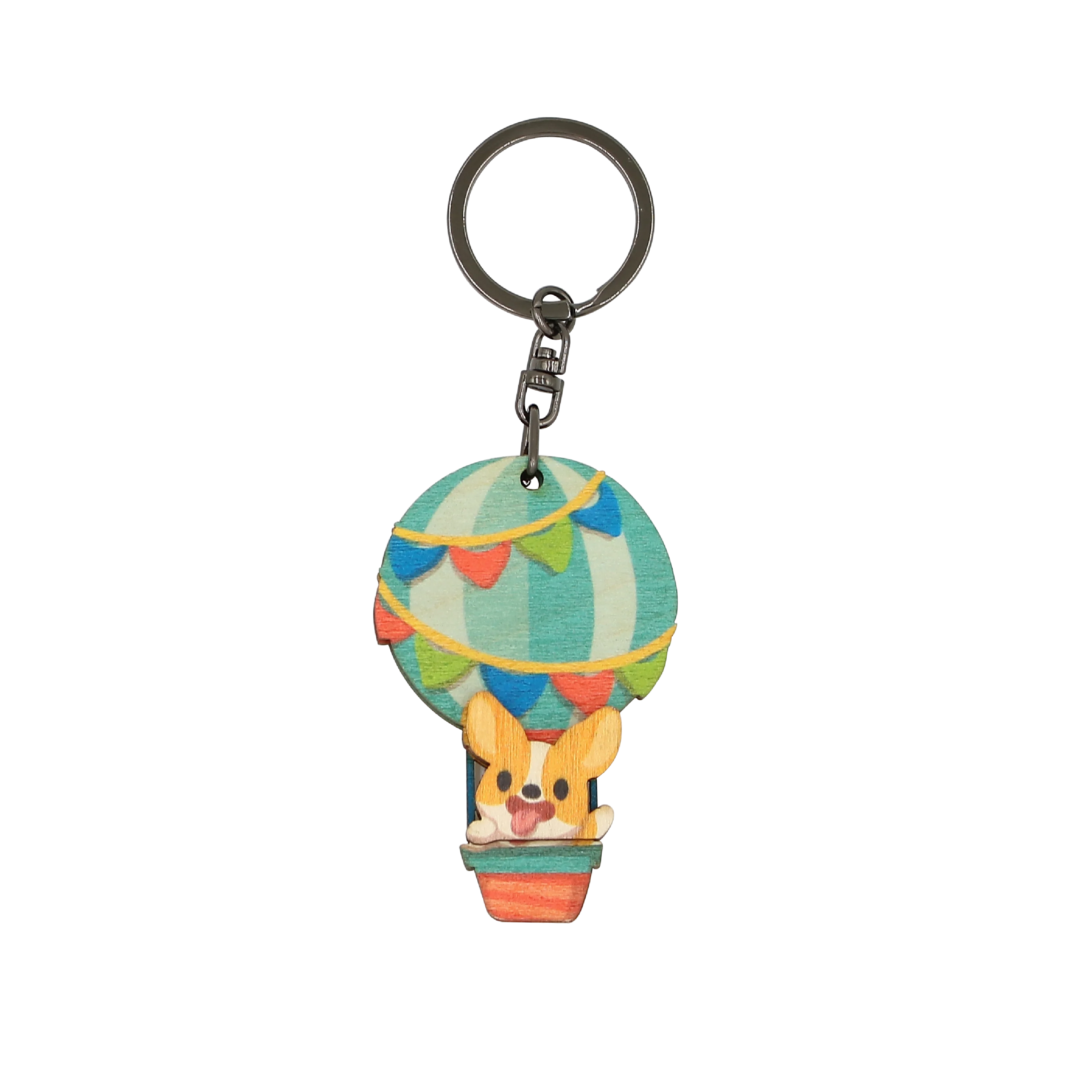 Custom Design Available Hot Air Ballon Corgi Dog Wooden Keychain for Promotional Gifts