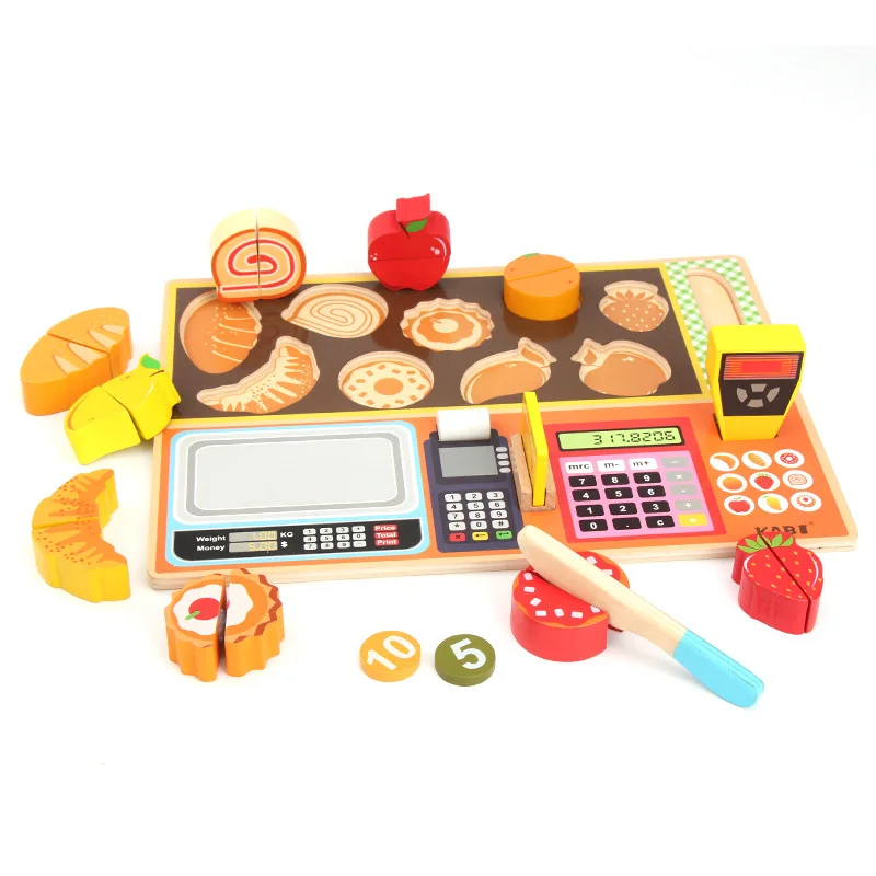 Wooden Role Play Toy Fruit Supermarket Cash Register Toys Children Logic Training Education Kitchen Toys For Kids