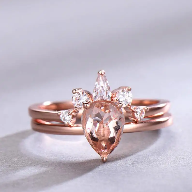 Morganite Bridal Set Oval Solitaire Engagement Ring Crown Wedding Band Plain Rose Gold Band Sterling Silver Hand Made Jewelry