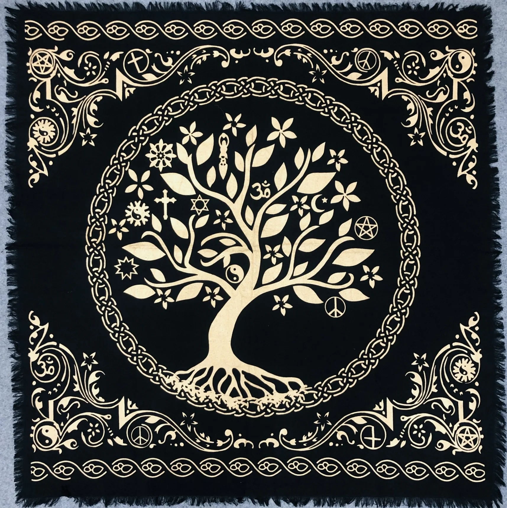 Altar Cloth Celtic Tree of Life Witchcraft Black Gold Table Cloth Square Altar Pagan Spiritual Celestial Deck Cloth