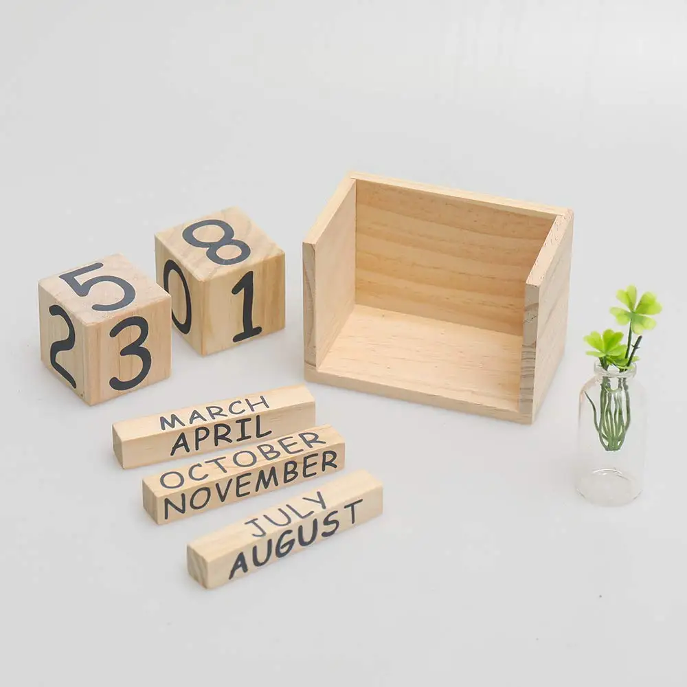 Desk Accessory Calendar  Home Office Decoration Perpetual Soild Wooden Block Calendar