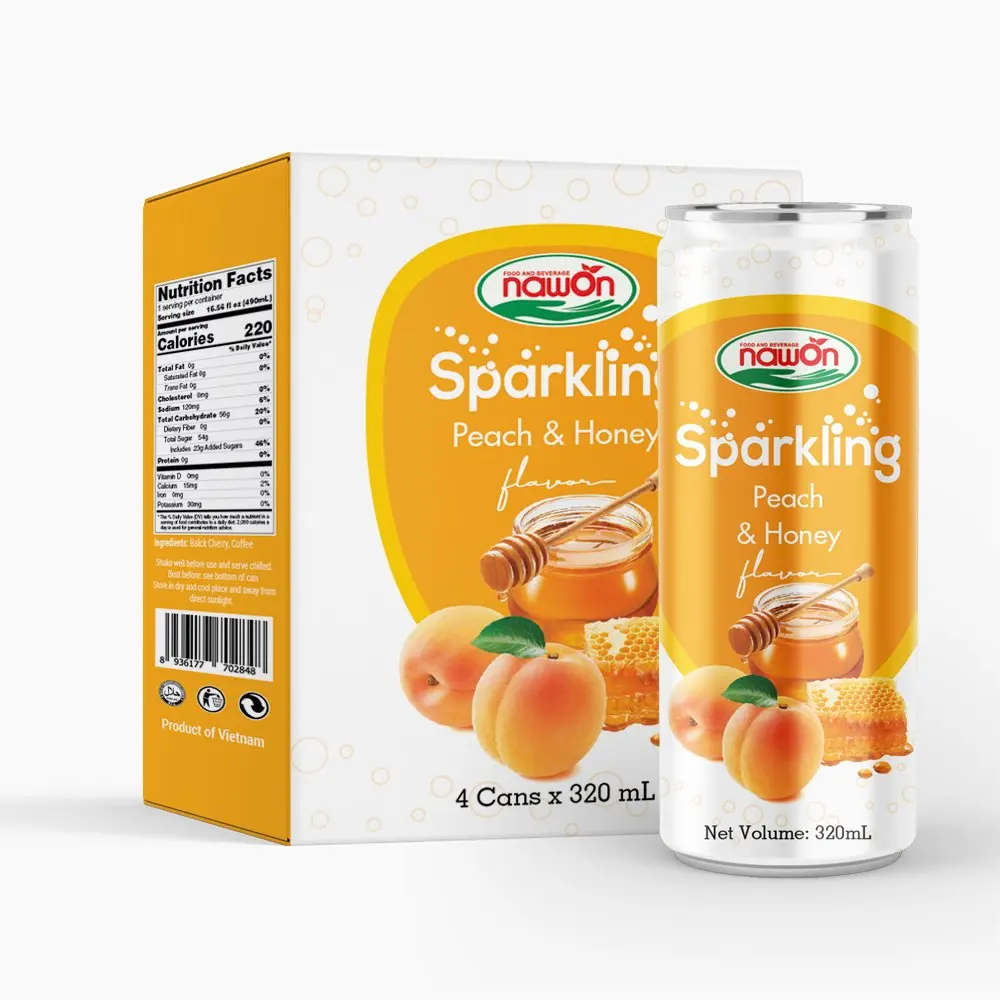 320ml NAWON Sparkling Juice Peach and Honey Private Label (Pack of 4 Cans) Wholesale Soft Drink Provider in Vietnam