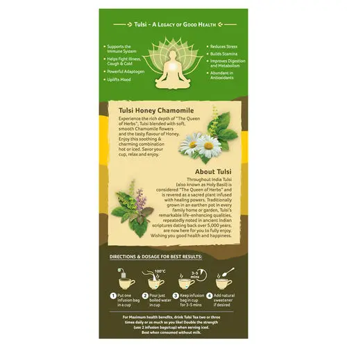Organic India Tulsi Honey Chamomile Green Tea Bags for Stress Relieving and Calming - 25 Infusion Tea Bags