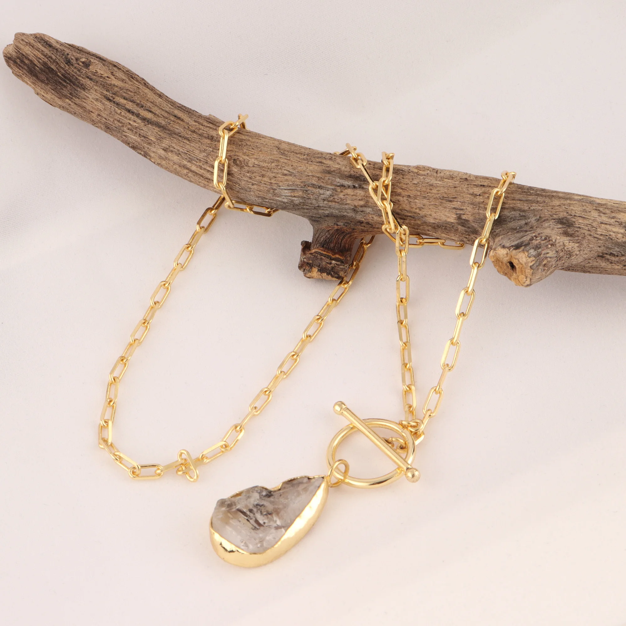 Ожерелье с подвеской из натурального необработанного розового кварца ожерелье золота и серебра 24 К толстое прямоугольное колье застежкой месяце рождения