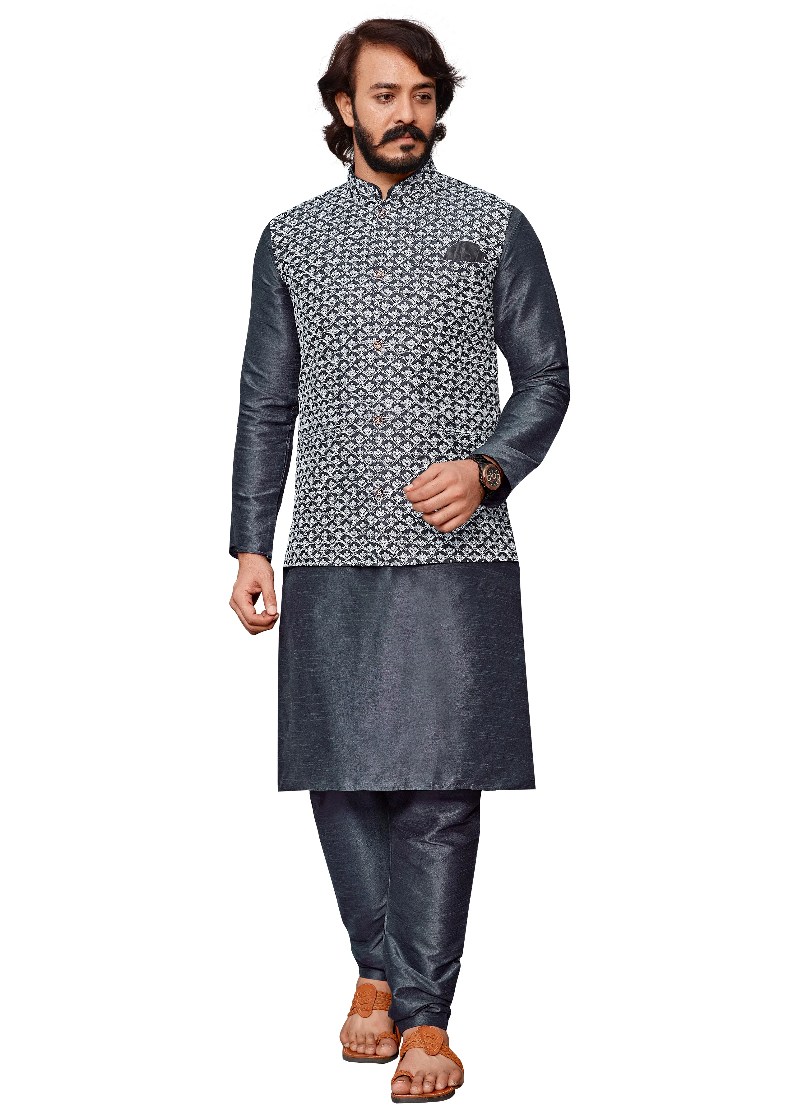 
Lucknowi Work Kurta Pajama With Modi Jacket Mens wear Collection 