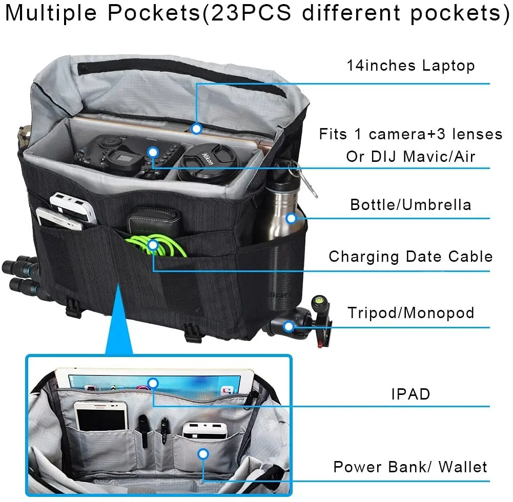 
Camera Bag Case Shoulder Messenger Photography Bag with Laptop Compartment 14