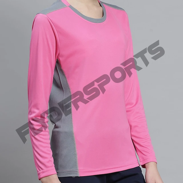 Women Pink and grey solid yoga T shirt round neck and long sleeves PANELS DESIGNS custom logo and block colors shirt women