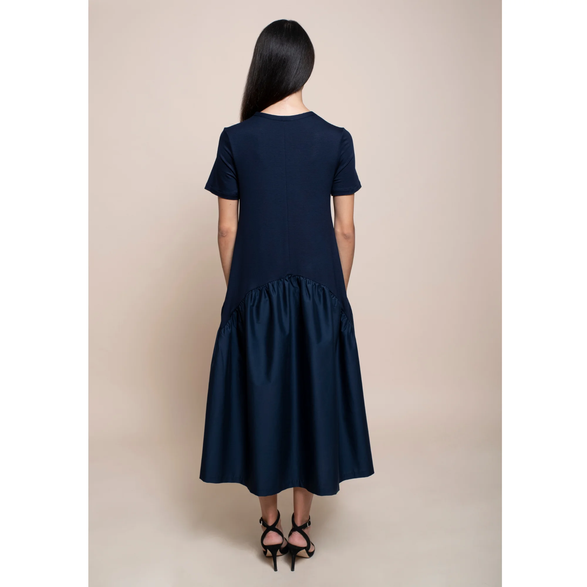 best quality italian long dress round neck half sleeve with cuts and gathered color solid color and polka dots