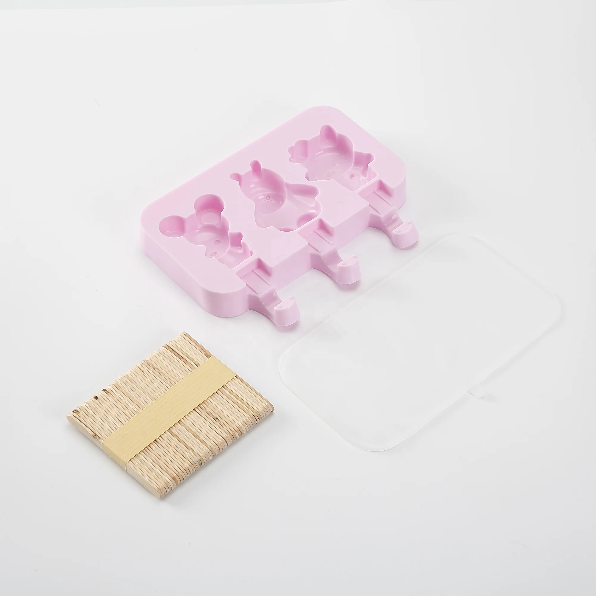 Splendid 3 Cavities Homemade Bear Shaped Silicone Popsicle Ice Lolly Molds with 50 Wooden Sticks