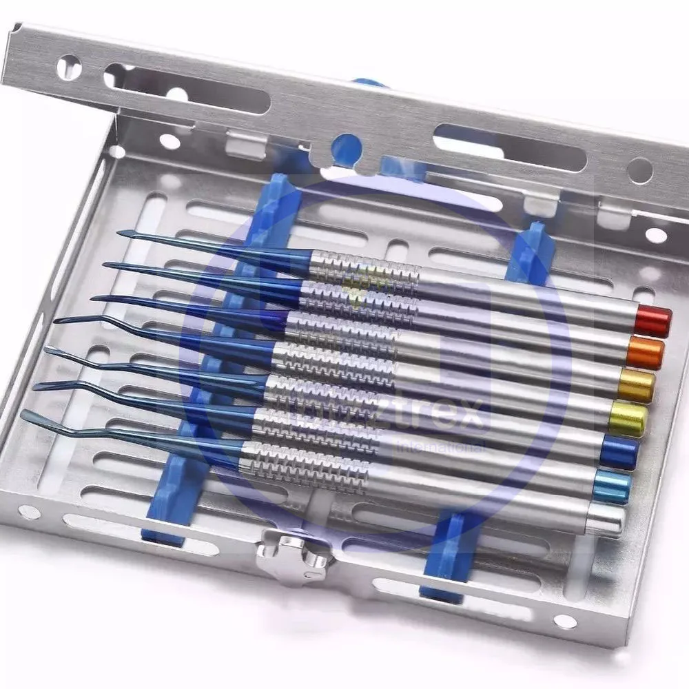 New 2021 OEM Premium Quality Rust Free Titanium Coating Dental PDL  Elevator Set of 7 Pieces Stainless Steel with Cassettes