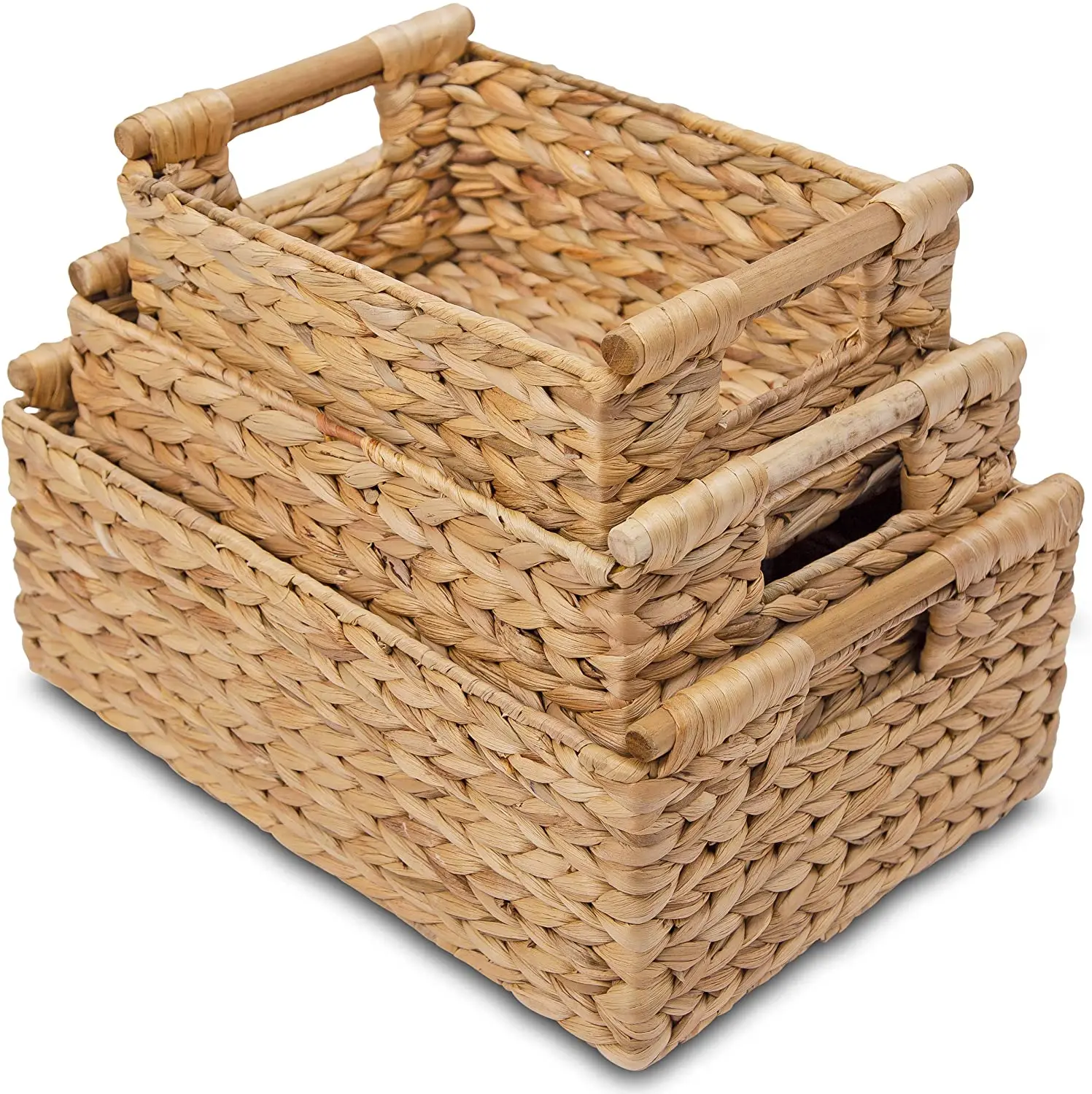 Vietnam Wicker Baskets for Storage Organizing Water Hyacinth Storage Baskets Rectangular with Wooden Handles