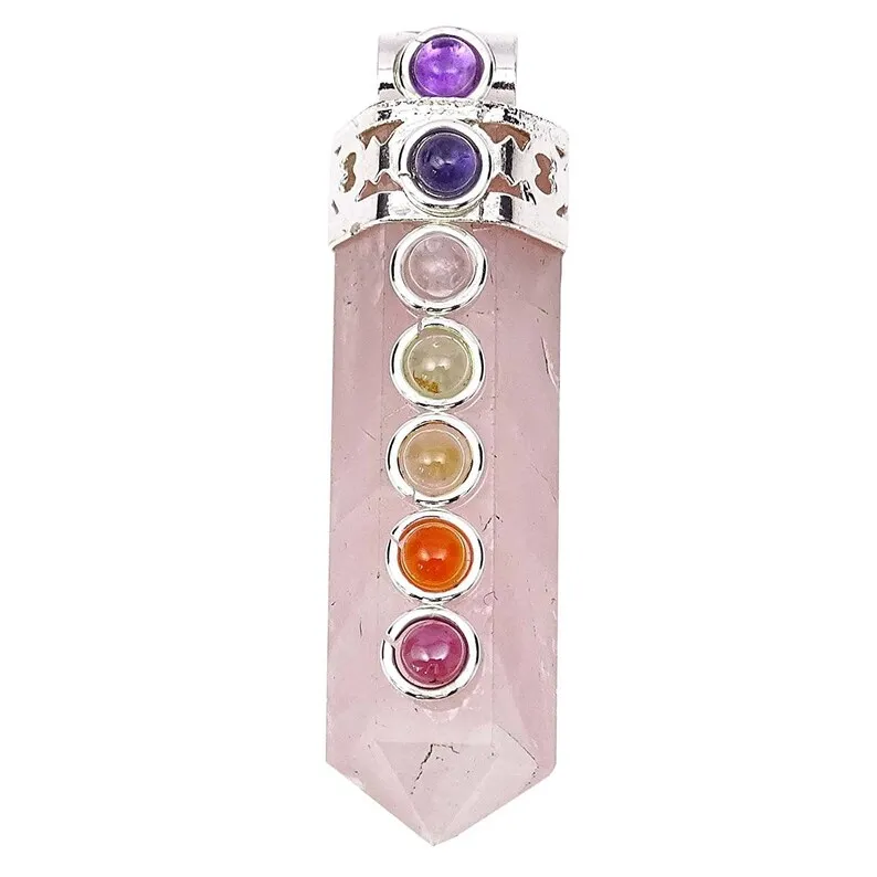 Pink Pencil Stone Reiki Healing Spiritual Wand 7 Chakra Pendant Quartz Silver Natural Rose Orthodox Heart Party Tibetan Silver
