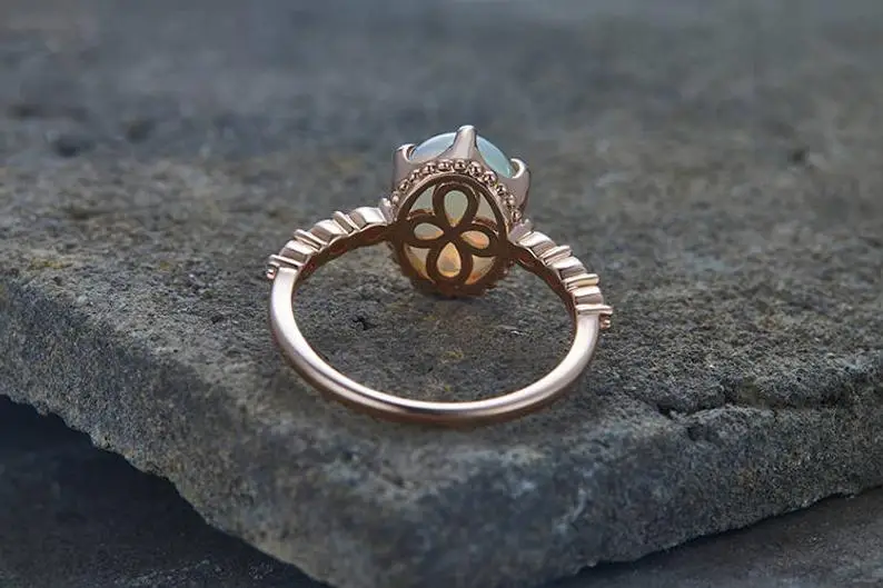 Fire Opal Engagement Ring Unique Art Deco 6-Prong Set Vintage Floral Bridal Wedding Band Silver Rose Gold Plated 925
