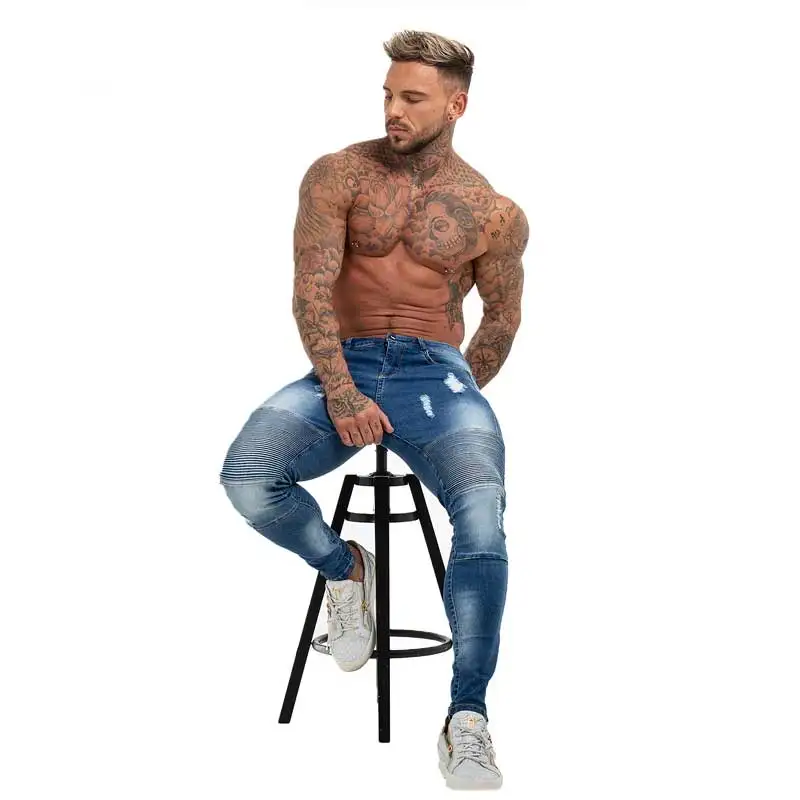 
Skinny Distressed Elastic Waist Jeans Pant Slim Fit Ripped Mens Jeans Big and Tall Stretch Blue Jeans for Men 