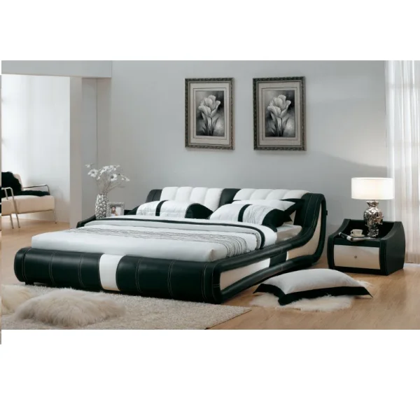 Genuine leather kingsize high back contemporary soft bed with strong metal bed frame CARMEN AVA - Black/White, Brown/White