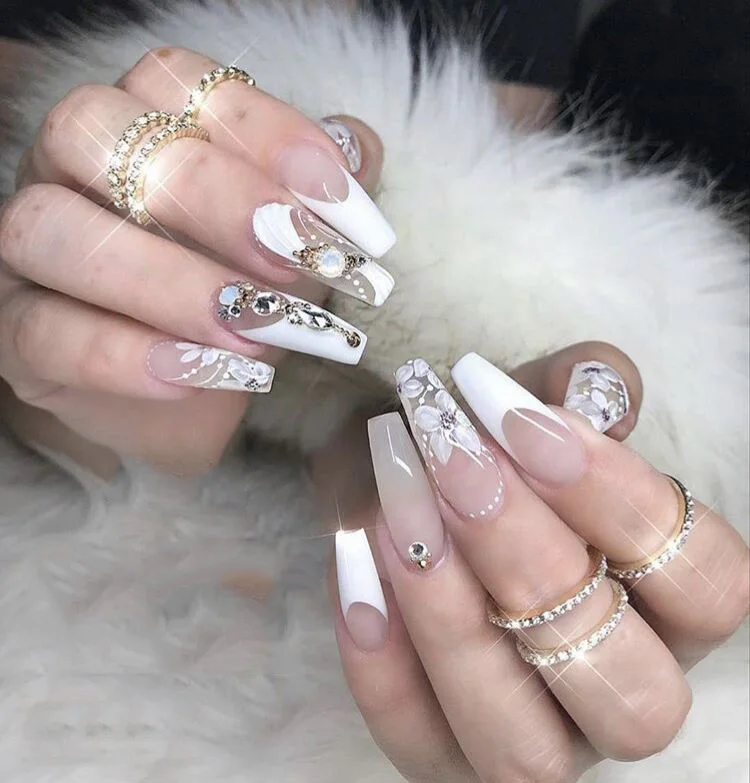 Unique Gem False Nails Full Cover French Style Salon Nail Extention Clear White False Nails